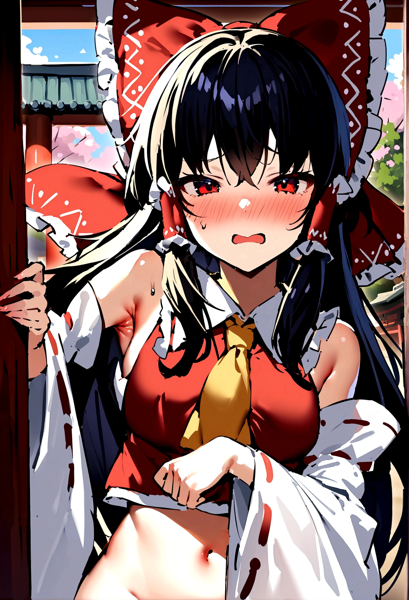 NSFW,masterpiece,Highest quality,High resolution,Super detailed,Reimu Hakurei\(Oriental Project\),Hakurei Reimu,Embarrassed,Frustrated face,Lust,blush,Expecting face,Seduce,Shrine at night,whole body,prostitution,Prostitute