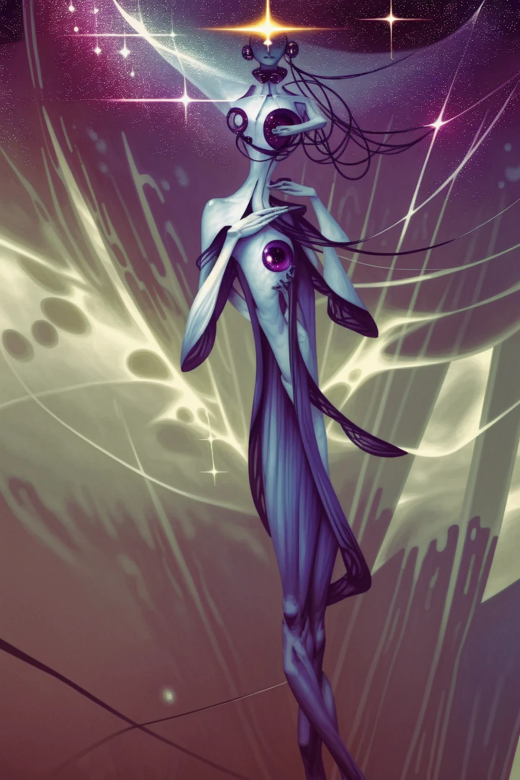 A cosmic being that transcends the concept of man, a towering faceless entity in a perfect white void, doesn't have a humanoid face, an alien of incredible scale, galactic purple skin, 6 slits across the face pouring with stardust, very long limbs, strange hands with 2 thumbs and 2 fingers on each side, pearly white piercings lining up symmetrical across its abdomen, pearly white and alien jewelry hanging off the sides of its head