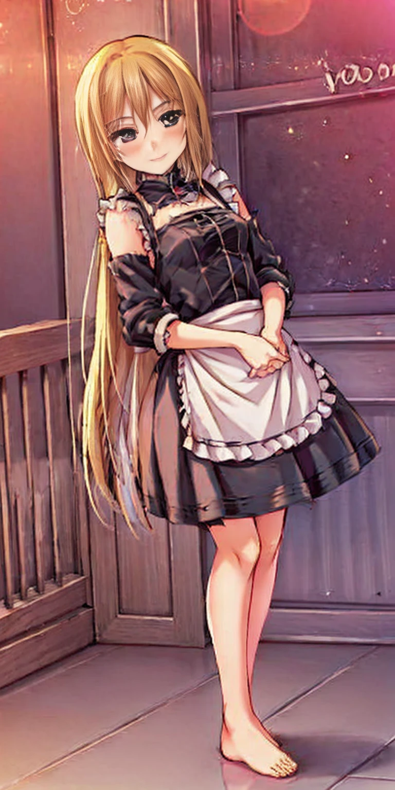 1girl, cute, ((Short black hair girl and long blonde hair girl)), maid Victorian, maid apron, straight face, dazed, Body position: Standing, straight, symmetrical, barefoot, Lustful smile on face with red blush