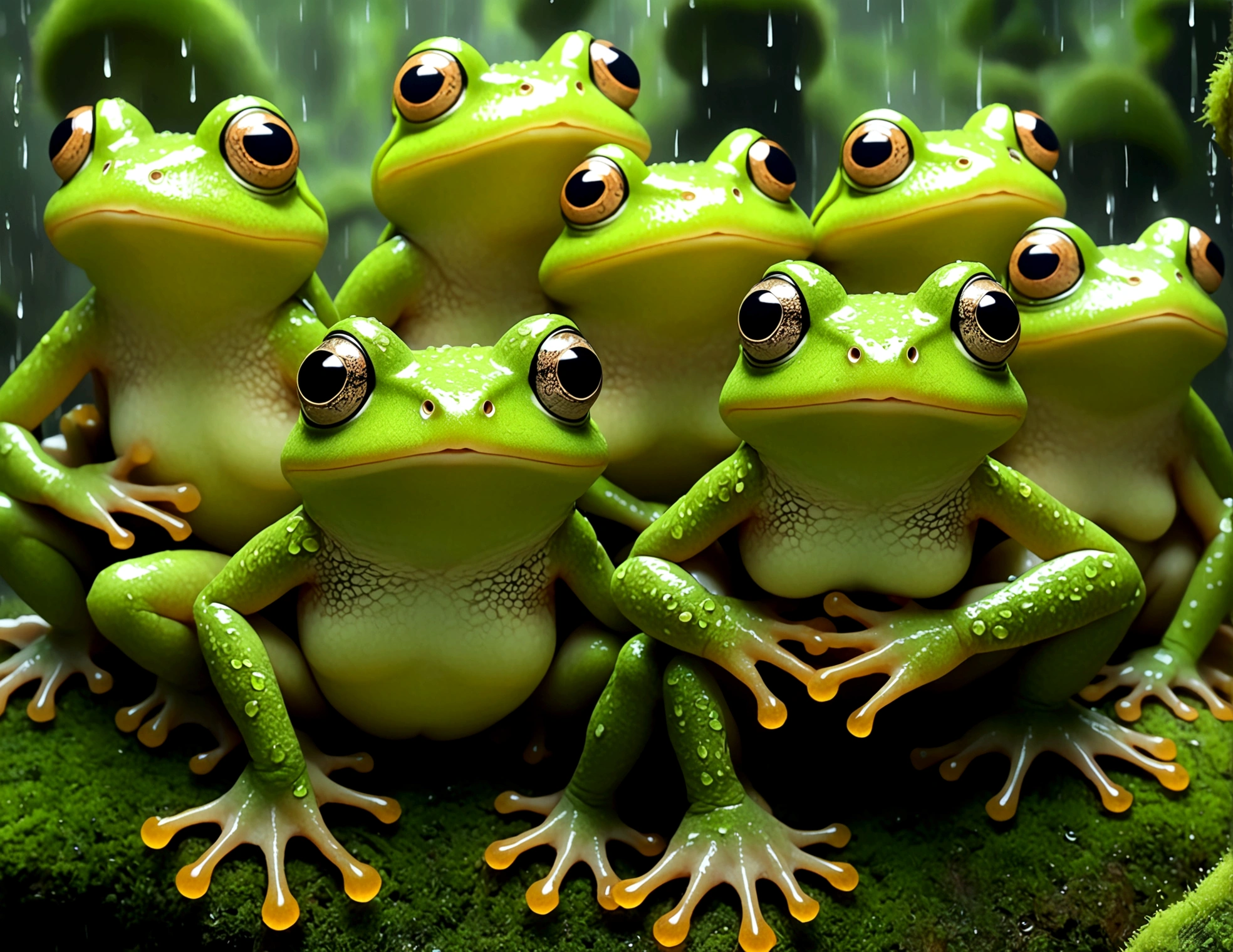A bunch of frogs transform into lovely women (moss breast drapes and skirt, frog hands, light green skin with mottling, over large eyes) during a heavy rain, dancing around glowing mushrooms in a deep dark forest