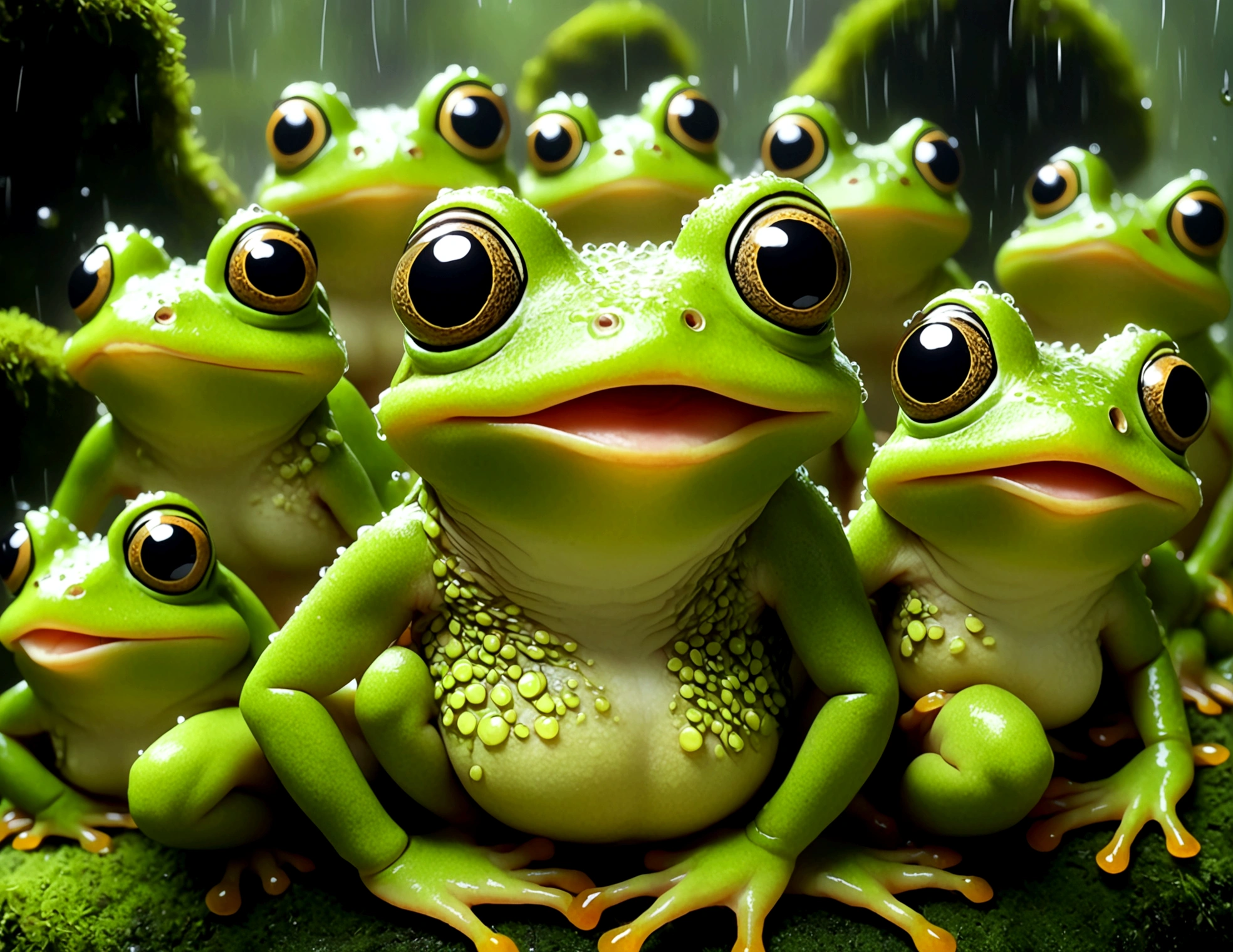 A bunch of frogs transform into lovely women (moss breast drapes and skirt, frog hands, light green skin with mottling, over large eyes) during a heavy rain, dancing around glowing mushrooms in a deep dark forest