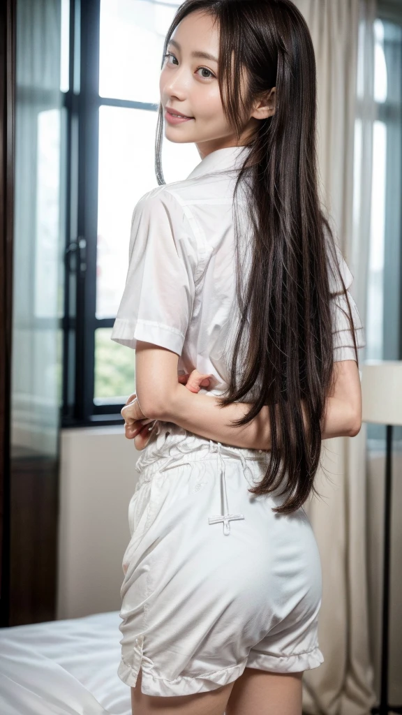 Tied up woman、(((Put your hands behind your back、Cross your wrists)))、(wrists tied with rope)、beauty、Well-formed face、Shiny long black hair、Even out the eyes、Inside the hotel room、From behind、Please show me your whole body、White short sleeve shirt、Navy Semi-Long Skirt、Panty lines、Wear pumps、Standing in front of the window、Age 25、Medium、Like a real photo、Highest quality, Light brown hair, Straight hair, Shiny Hair, Part your lips, Captivating smile, Surrealism, Hyperrealism, Verism, Cinema Lighting, tachi-e, First Person View, From behind, Nikon, 超High resolution, Anatomically correct, Highest quality, High resolution, 8K