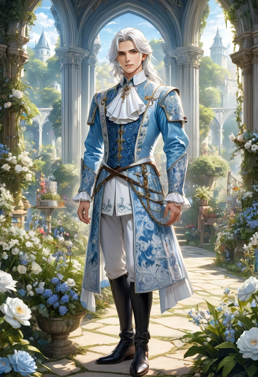 Frontal standing full body portrait((correct anatomy) )A handsome young man wearing a medieval costume with a large white collar wearing a large white collar with long white hair looking at the audience. Male version of handsome handsome boy standing in detailed outdoor garden reserve scenery. Handsome handsome man with long white hair in male version of Grimm's Fairy Tales character. White Collar Day Romance ((perfect face))
Intricate details detailed characters high resolution, Super detailed masterpiece, Intricate details royal, elegant, Noble and elegant light blue and white holographic clothing, light blue decoration,official art, Impressive.Full body portraits, ultra-detailed animation art, perfect compositions, intricate details, meticulous digital art