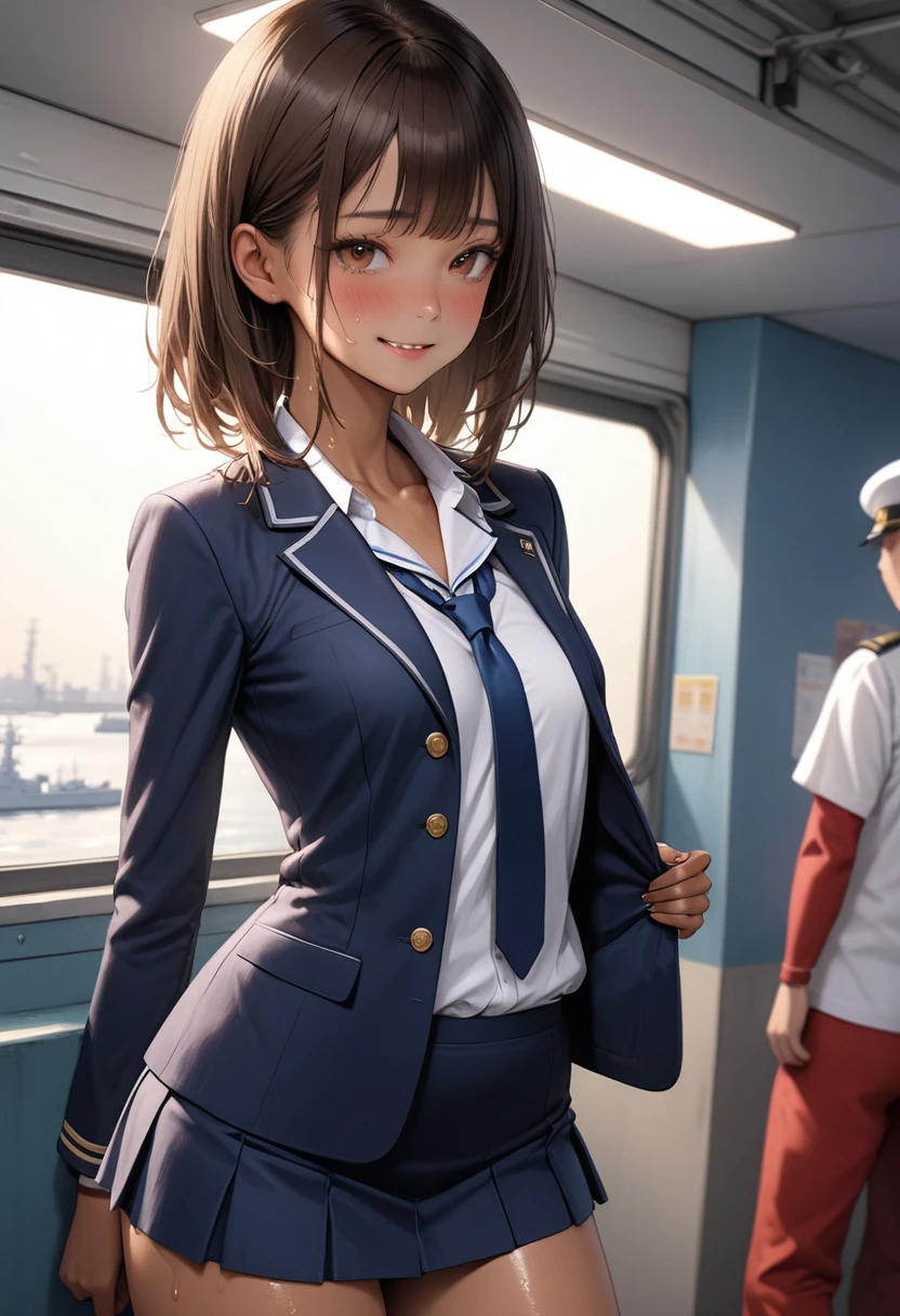 (masterpiece,Highest quality:1.3,best quality illustration,realistic),cowboy shot,1woman,20 year old Japanese beauty,(very small head),Long brown hair,bangs,brown eyes,gorgeous eyes,blush,smile,small breasts,(very long body),(toned body,slender body,skinny,tan skin),(Navy uniform navy blue blazer jacket、White Shirt、Navy blue tie、Navy blue tight mini skirt),gleaming skin,shiny skin,sweat,standing,Naval Base、Tokyo、