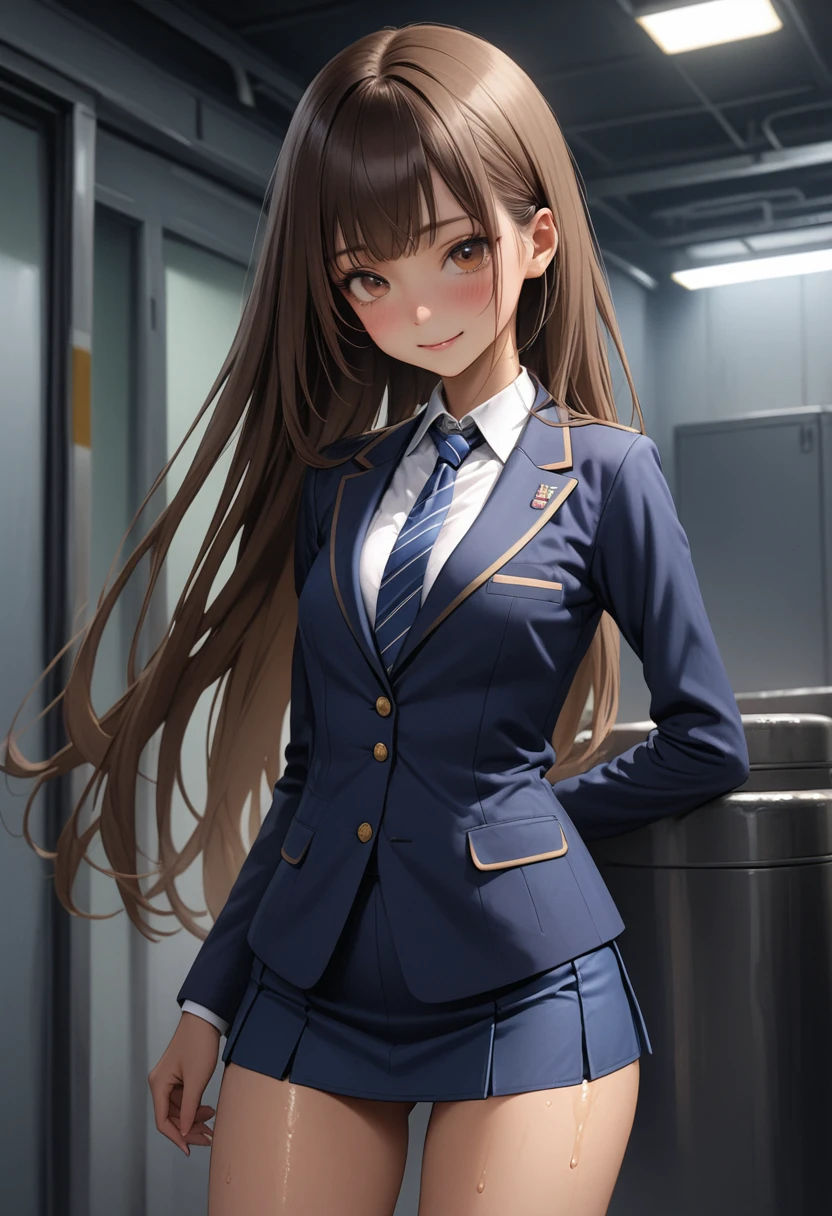 (masterpiece,Highest quality:1.3,best quality illustration,realistic),cowboy shot,1woman,20 year old Japanese beauty,(very small head),Long brown hair,bangs,brown eyes,gorgeous eyes,blush,smile,small breasts,(very long body),(toned body,slender body,skinny,tan skin),(Navy uniform navy blue blazer jacket、White Shirt、Navy blue tie、Navy blue tight mini skirt),gleaming skin,shiny skin,sweat,standing,Naval Base、Tokyo、
