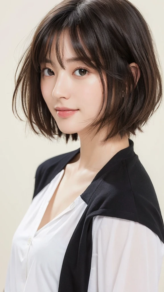 (masterpiece:1.3), (8K, Realistic, RAW Photos, Highest quality: 1.4), Japanese, (One girl), Beautiful Face, (Realistic Face), (Black Hair, short hair:1.3), Beautiful hairstyle, Realistic eyes, Beautiful attention to detail, (Realistic Skin), Beautiful Skin, Charm, Ultra-high resolution, Ultra-realistic, Very detailed, Golden Ratio,  (Detailed face:1.2),View your viewers,smile,Open white shirt,Medium chest,Are standing,Hands on hips