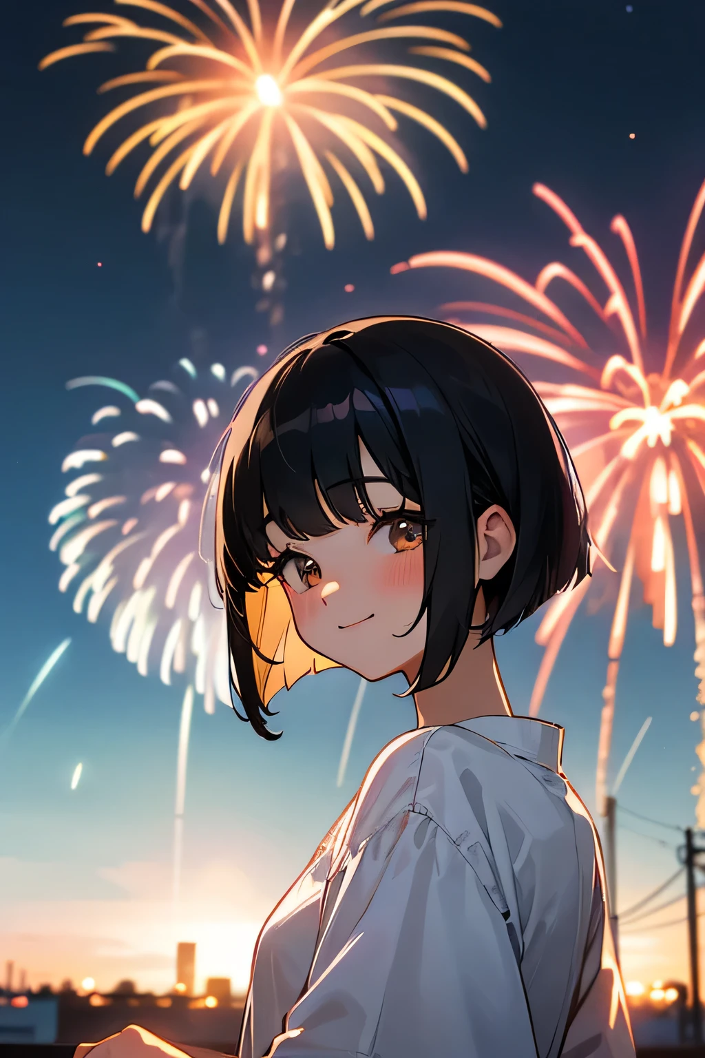 20-year-old female、cute、Black Hair、Bob hairstyle、Wearing a yukata、summer night、Watching fireworks、Night Sky、smile