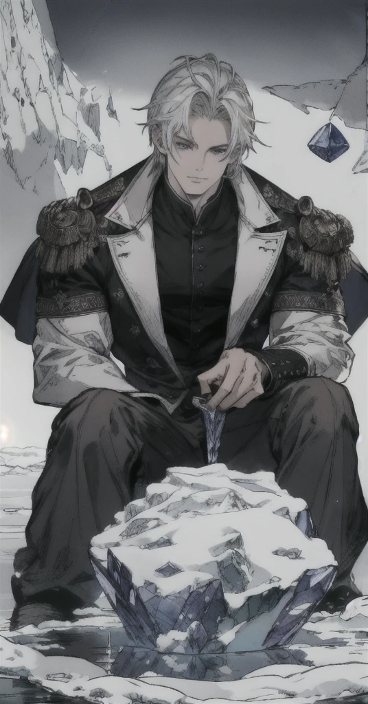 ((Masterpiece)),((best quality)),((Highly detailed)),((realistic,)) Very detailed), (Masterpiece), (best quality), (วอลล์เปเปอร์ 8k ที่มีรายVery detailed),Masterpiece,best quality,มีรายVery detailed,complicated,1 man,handsome faceสมบูรณ์แบบ,muscular man,detailed face,mischievous face,blue eyes,Open your eyes.,reflection of the eyes,Open your eyes., look at viewer,Manly,short hair|ผมblackชุดเจ้าชายblack,(crystal throne((white))glittering),dynamic poses,Dramatic angle,movie light,surrounded by snow, Masterpiece,Very detailed,Sitting on the ice throne((large size))white((white)), (บัลลังก์white), เก้าอี้white , Fantasy, Realistic photos, hyperrealism, Highly detailed, movie light, ผู้ชายชุดเกราะblack,fur cover((black)),ผ้าคลุมblack,ผ้าคลุมblack,Face details, sharp details,คิ้วเรียวblack,handsome face, short hairblack, blue eyes,have muscles, handsome faceเหลา, Sit on the throne., พลังน้ำแข็งwhite, snow power, ฉากหิมะwhiteรอบๆ