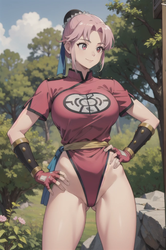 maam,big breasts,beautifuleyes,narrow waist,realistic,solo,outdoor,forest, martialMaam,pink hair,hair bun,long hair,china dress,short sleeves,sash,fingerless gloves,beautiful legs,(hands on hips, looking away) smile 