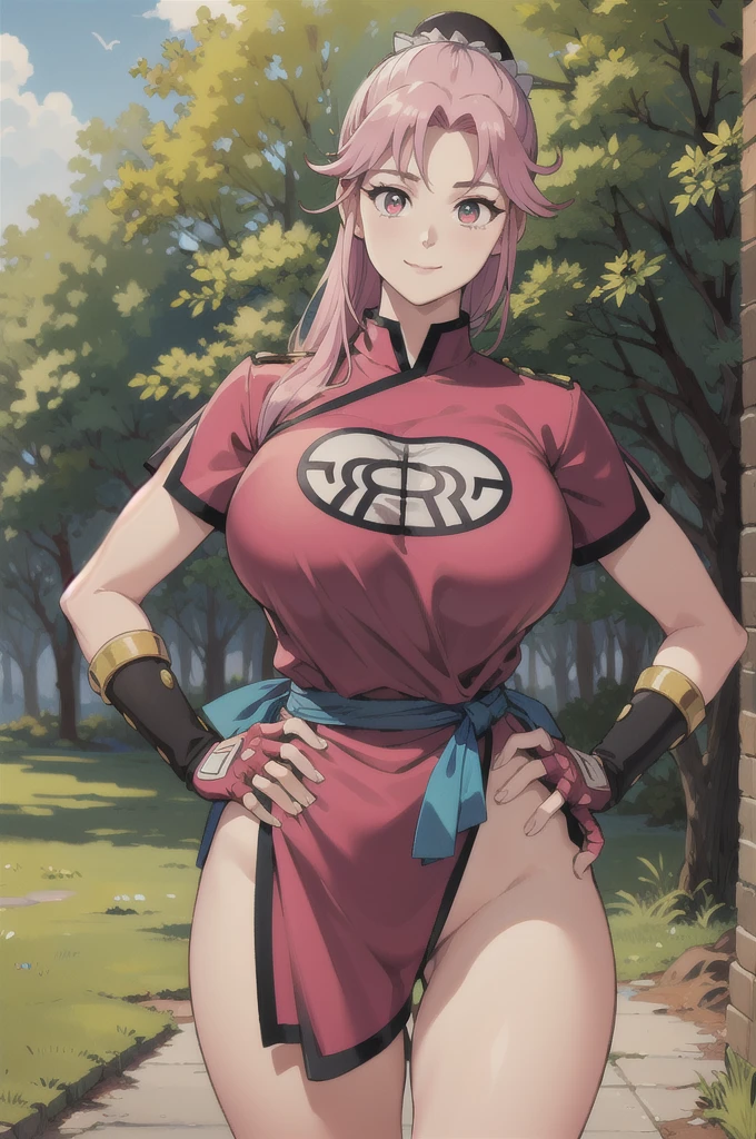 maam,big breasts,beautifuleyes,narrow waist,realistic,solo,outdoor,forest, martialMaam,pink hair,hair bun,long hair,china dress,short sleeves,sash,fingerless gloves,beautiful legs,(hands on hips, looking away) smile 