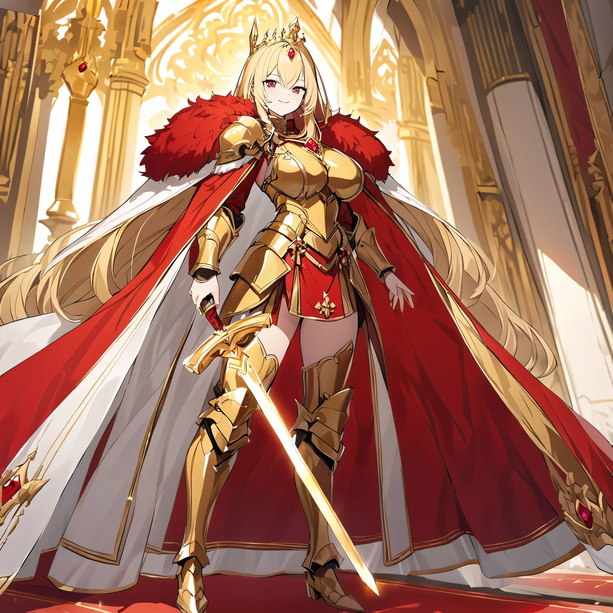 A woman wearing heavy golden armor with red ruby ​​on parts of the armor, very detailed armor, large armor, wearing a red fur cape, long cape, holding a golden sword, very detailed sword, golden shoulder pad with rubies, golden aura, power golden, power of light, golden boots, big breasts, standing in a royal king and queen, luxury room, red carpet, medieval aesthetics, medieval tiles on the walls, blonde hair, long hair, red eyes, smiling, close view
