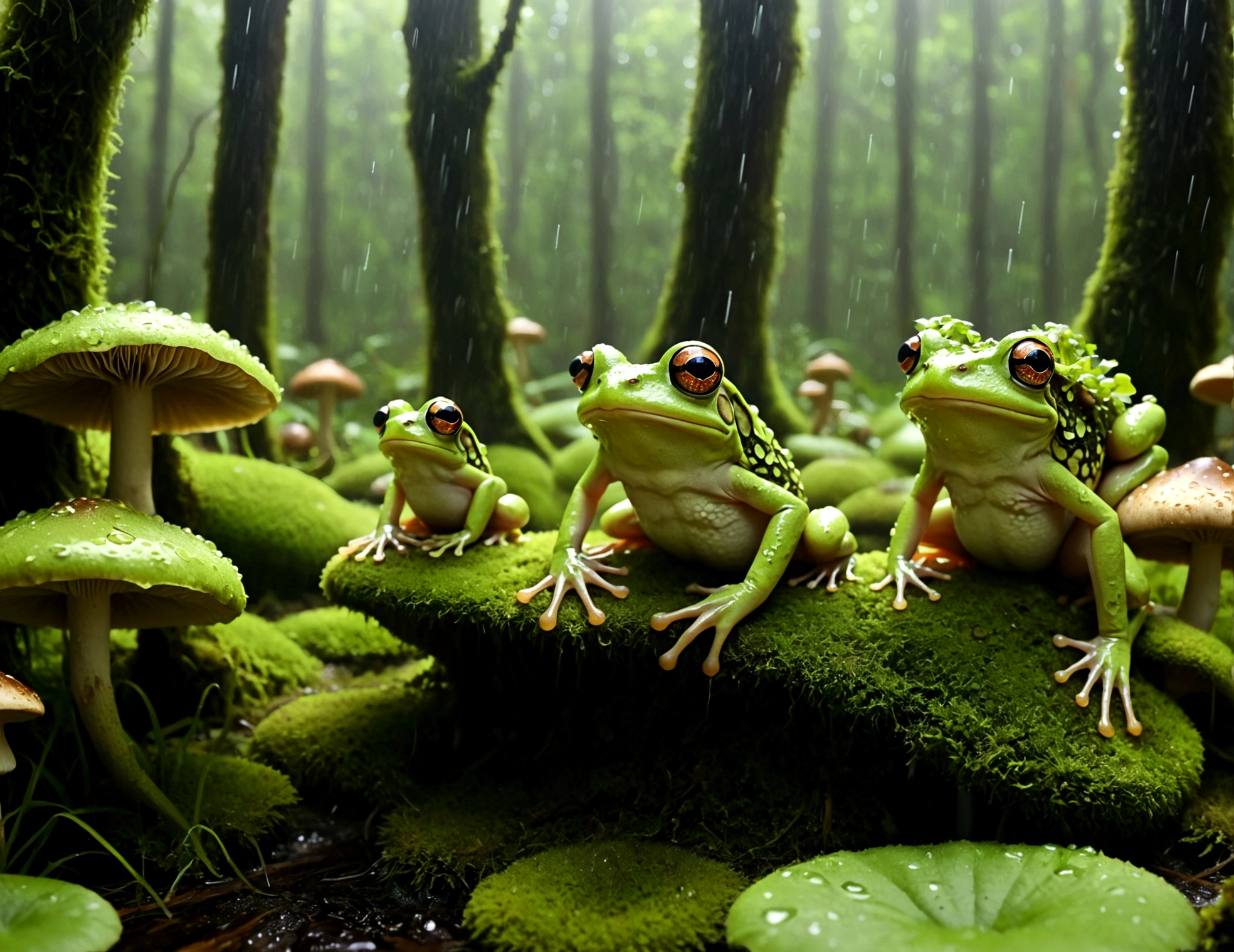 A bunch of frogs transform into lovely women (moss breast drapes and skirt, frog hands, light green skin with mottling, over large eyes) during a heavy rain, dancing around glowing mushrooms in a deep dark forest