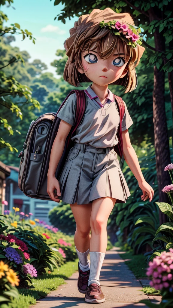 Haibara Ai、a grey-haired girl, elementary school, school uniform, backpack, walking on a path, detailed facial features, beautiful eyes, cute expression, colorful flowers, lush greenery, warm sunlight, soft focus, highly detailed, photorealistic, 8K, masterpiece, beautiful colors, natural lighting