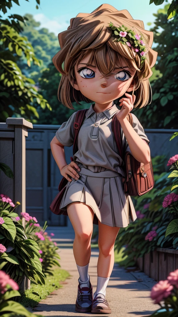 Haibara Ai、a grey-haired girl, , school uniform, backpack, walking on a path, detailed facial features, beautiful eyes, cute expression, colorful flowers, lush greenery, warm sunlight, soft focus, highly detailed, photorealistic, 8K, masterpiece, beautiful colors, natural lighting