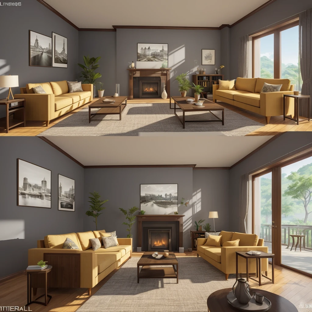 There is a photo of the living room，There is a sofa and a coffee table inside, 受刘海粟启发的超realism, cg Social Hotspot, realism, Realistic Unreal Engine 3D game, Photorealistic rendering with Unreal Engine, Render Unreal Engine, Render Unreal Engine 5, Unreal Engine 5 Rendering, HDR Rendering in Unreal Engine 5, highly realistic unreal engine