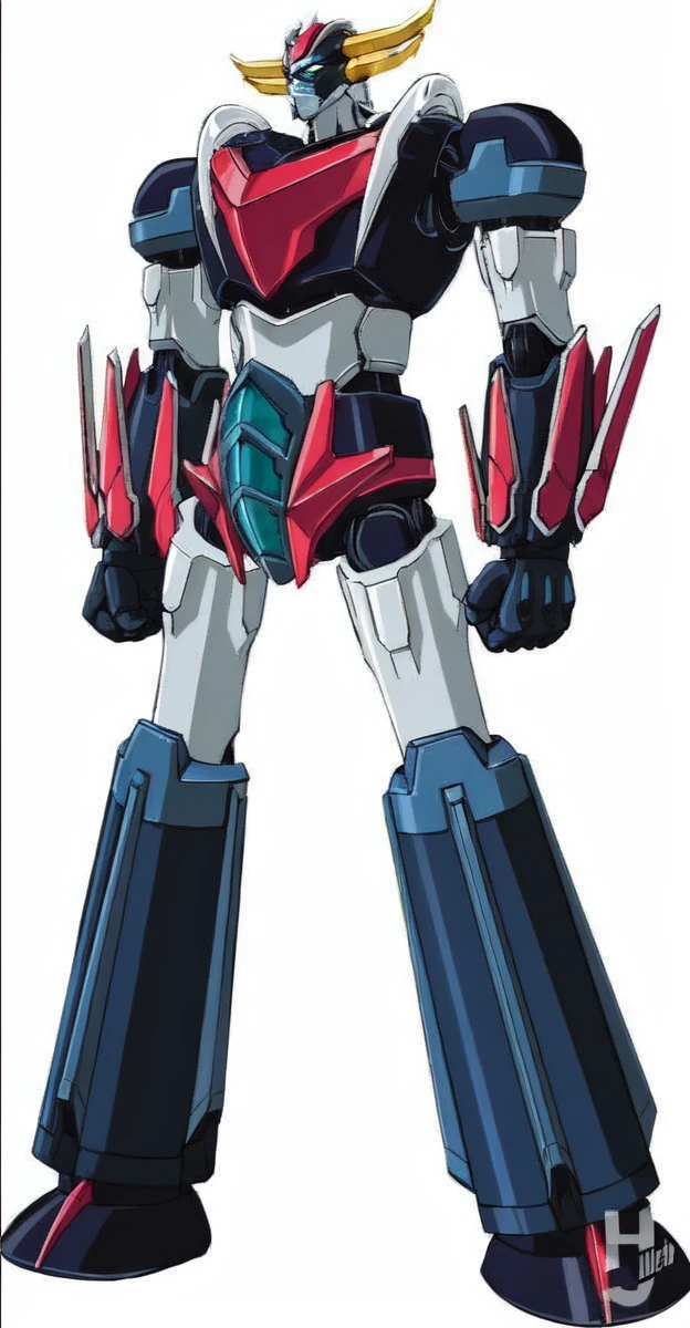 A colossal robot standing in the midst of a violent thunderstorm. The robot has a powerful and intimidating presence with a sleek, armored body in shades of dark blue and red. Its eyes are glowing brightly, and a radiant energy core is visible on its chest. Lightning bolts are striking around and onto the robot, illuminating the scene with intense, dramatic light. The robot’s cape is tattered and flutters in the fierce wind. The background is filled with dark, stormy clouds, with occasional bursts of lightning cutting through the sky. The overall atmosphere is intense and electrifying, conveying a sense of epic power and dominance.