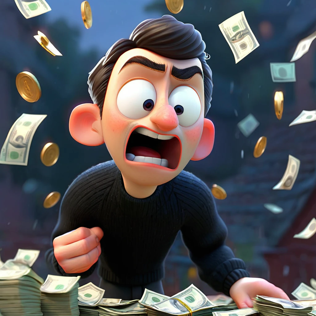 best quality, masterpiece, midnight, robbery scene, a male thief in black ,after a successful bank robbery, splashing money with excitement, illustration, pixar style