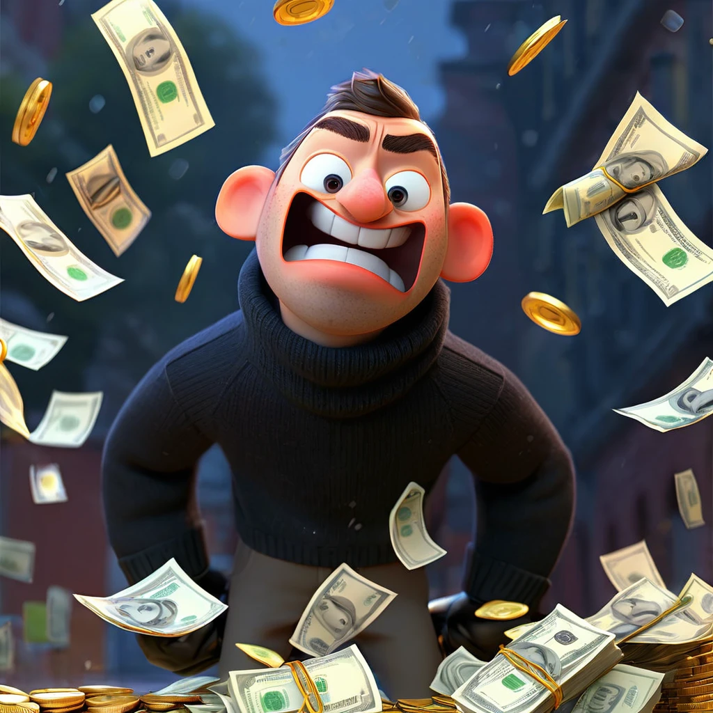 best quality, masterpiece, midnight, robbery scene, a male thief in black ,after a successful bank robbery, splashing money with excitement, illustration, pixar style