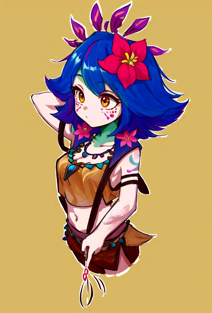 die-cut sticker,  front view:1.2, sticker, neeko, facial marks, hair ornaments, hair flower, necklace, brown shorts, crop top, posing, hands behind head, (simple background, solid outline),  ((masterpiece)), (best quality), 8k, ultra-detailed, absurdress