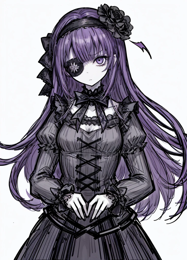 1girl, violet hair,garden alchemist dress ,pale skin,(high resolution, high detail, best quality),
black eye patch, serious, flat-chested, headband, black flowers