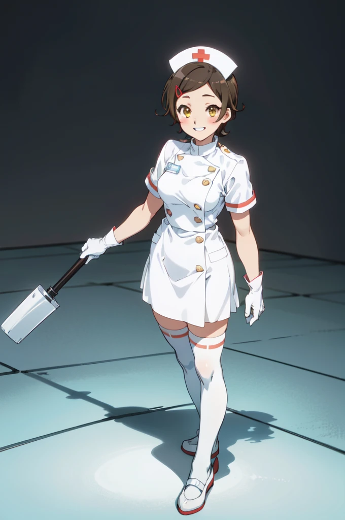 hazuki katou, short hair, brown hair, yellow eyes, hair ornament, solo, nurse, ((white nurse cap, white nurse's outfit)), ((white legwear, zettai ryouiki)), white gloves, smile, teeth, standing, hospital room, sharp outline, short sleeves, best quality, masterpiece
