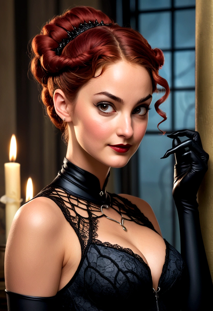 Full body shot Shailene Woodley catwoman, ringlets wavy five feet long red hair, updo hairstyle with ponytail on one side and long hairpins holding the bun long braid, strong thighs, dark red glossy lips, heavy black eye shadow long black eyeliner, long sharp claws, black lace beautiful and creative catwoman bodysuit with no jewels, huge cleavage, clear ears no earrings, no earrings, no earrings, no earrings, no jewels, beautiful forehead lace ornament, posing in a feminine catwoman den, happy expression, dark ambience night time candle lights. No faces on her chest!