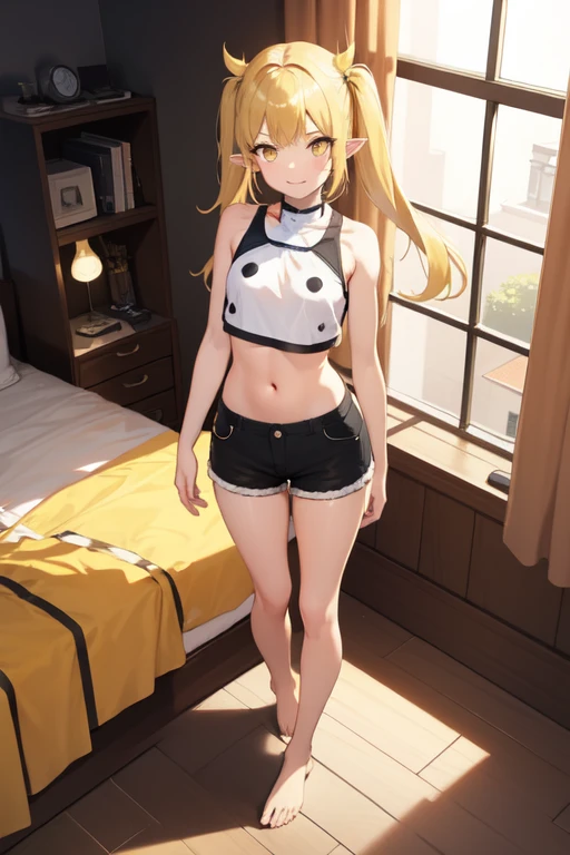 (punctuation_9,punctuation_8_High above,punctuation_7_High above,),oshino shinobu,long hair,standing alone,hair blonde,yellow eyes,pointy ears,looking at viewer,small smile,Crop top,Crop top,Shorts,blush stickers,bare shoulders,barefoot,focus on feet,skinny,small breasts,pigtails,toes,inside her house,bedroom,bare limbs,