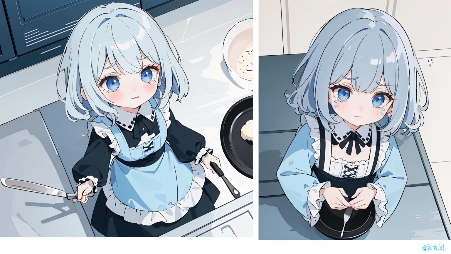  (Highest quality), (Very detailed), (whole body: 1.2), 1 Girl, a bit, cute, Crying face,tears,(Colorful and cute kitchen:1.3), Light blue, Black and white gothic lolita outfit, blush, : 3,(Bangli and, Gray Hair,(Bright Blue Eyes:1.2),(Short hair with lots of hair),(Fluffy curly hair), (Brown eyelash stickers, Bangortiful detailed face), (Beautiful and detailed eyelid body,cutepose,(cooking),(Top view:1.2),