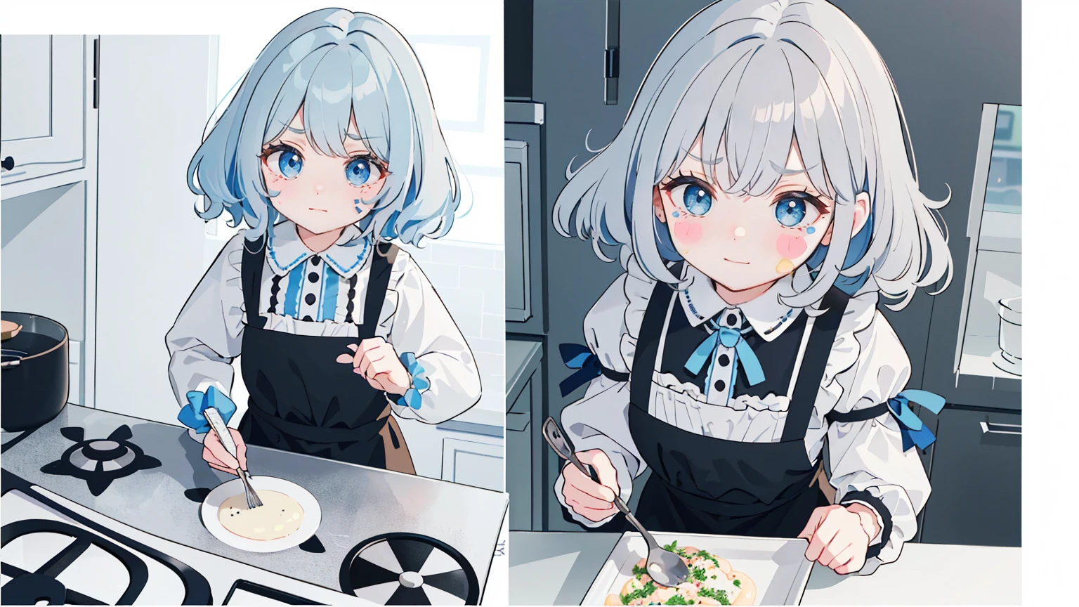  (Highest quality), (Very detailed), (whole body: 1.2), 1 Girl, a bit, cute, Crying face,tears,(Colorful and cute kitchen:1.3), Light blue, Black and white gothic lolita outfit, blush, : 3,(Bangli and, Gray Hair,(Bright Blue Eyes:1.2),(Short hair with lots of hair),(Fluffy curly hair), (Brown eyelash stickers, Bangortiful detailed face), (Beautiful and detailed eyelid body,cutepose,(cooking),(Top view:1.2),