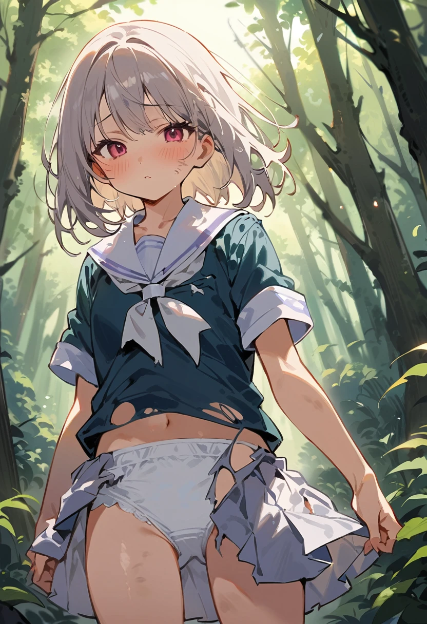 beautiful detailed girl,(masterpiece,best quality,extremely detailed:1.2),((cowboy shot:1.1)),(solo,,kawaii,slender,small breasts:1.25),(pained look:0.8),((white underwear) in ((Torn school uniform)):2),(dirty:2),blush,shy,weep,standing,(deep forest:1.5),(hug:0.4),rating: general, newest,Sexy face,(primitive:1.1)