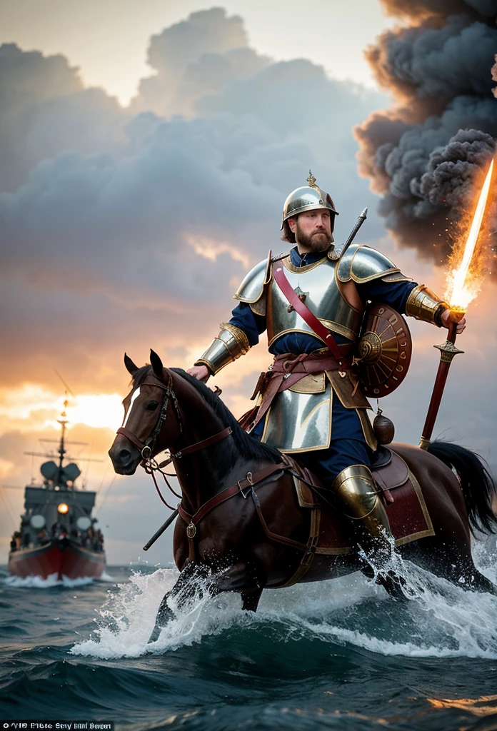 "Create a stunning, viral-worthy YouTube thumbnail for a historical video on Russia's oldest enemies. The scene features a central Russian warrior in traditional armor, holding a sword, flanked by an Ottoman warrior on one side with Turkish flags and symbols of the Ottoman Empire, and a Polish hussar with iconic wings and Polish emblems on the other side. In the background, a Swedish ship navigates the turbulent waters of the Baltic Sea, representing the naval struggles. The backdrop should be a mix of old maps and battle scenes, stylized with a vintage effect, with foggy and smoky elements to add a sense of historical atmosphere. Use rich, contrasting colors like red, gold, and deep blue to draw attention, with warm tones for the figures and cool tones for the background. Highlight the main elements with lighting effects to create a three-dimensional feel, and add details like sparks and smoke around the warriors to convey recent conflict. Incorporate historical artifacts such as swords, shields, and helmets in the background for added context. The overall look should be dramatic and dynamic, evoking a sense of epic historical battles."
