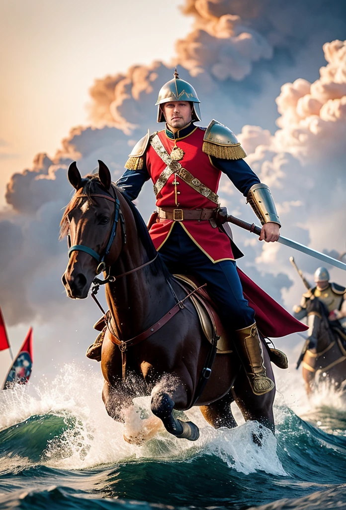 "Create a stunning, viral-worthy YouTube thumbnail for a historical video on Russia's oldest enemies. The scene features a central Russian warrior in traditional armor, holding a sword, flanked by an Ottoman warrior on one side with Turkish flags and symbols of the Ottoman Empire, and a Polish hussar with iconic wings and Polish emblems on the other side. In the background, a Swedish ship navigates the turbulent waters of the Baltic Sea, representing the naval struggles. The backdrop should be a mix of old maps and battle scenes, stylized with a vintage effect, with foggy and smoky elements to add a sense of historical atmosphere. Use rich, contrasting colors like red, gold, and deep blue to draw attention, with warm tones for the figures and cool tones for the background. Highlight the main elements with lighting effects to create a three-dimensional feel, and add details like sparks and smoke around the warriors to convey recent conflict. Incorporate historical artifacts such as swords, shields, and helmets in the background for added context. The overall look should be dramatic and dynamic, evoking a sense of epic historical battles."
