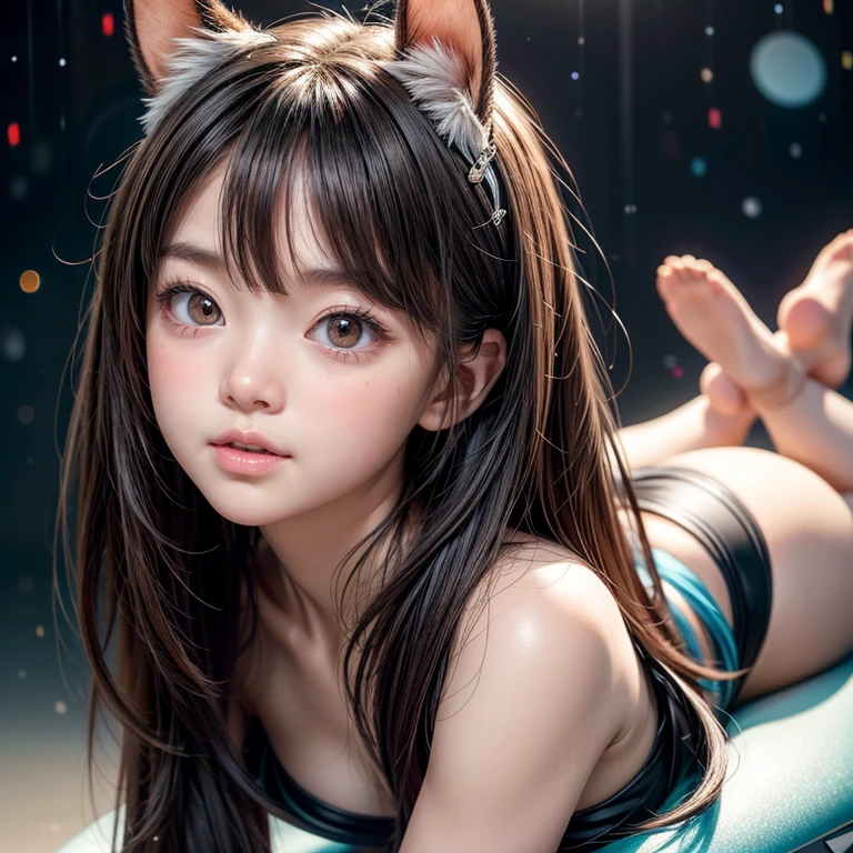 (Shark BodySuit), 8k, High-level, absurd, masterpiece, best quality, primitive, very detailed CG, very detailed wallpaper, perfect lighting, Extremely detailed ((( personifying " Shark" as a ))), MysticSight, Tyndall effect, Tyndall scattering, (Studio gray background with (Overflowing oodles Dazzling RainbowColorParticles (BokeH))), (RoundlyButts, ThighGap), (Exposed:0.4), (Assfocus with looking ahead) BREAK (Acutance:0.88), (NOGIZAKA face variations) Extremely Detailed very KAWAII face variations, perfect anatomy, Childish, CaptivatingGaze ElaboratePupils detailed Eyes with (sparkling highlights:1.28), (Voluminous LongEyelashes:0.88)、GlossyRED Lips with beautiful details, RosyCheeks, Radiant PearlSkin with Transparency . { (Dynamic LifeLike expressions:1.4) | (:d) }, (large eyes:-1) . ((no animal ears))