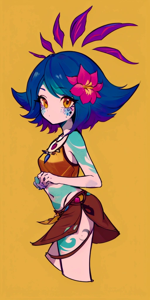 die-cut sticker,  front view:1.2, sticker, neeko, facial marks, hair ornaments, hair flower, necklace, brown shorts, crop top, posing, hands behind head, (simple background, solid outline),  ((masterpiece)), (best quality), 8k, ultra-detailed, absurdress