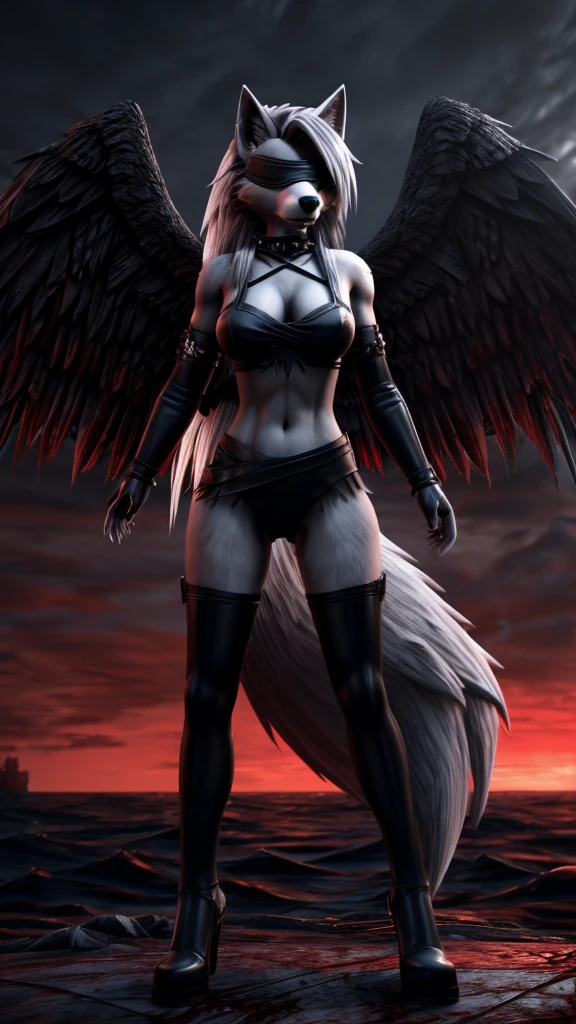 Loona from Helluva Boss, female wolf, anthro, mature adult, white hair, grey eyes, torturer vengeful wrathful angel, blindfold, blood face, fallen angel wings, bloody halo, standing, cold stare, glowing eyes, standing above a blood ocean, dark, omnious, beautiful, solo, full body, 3d render, Unreal Engine 5, 4K