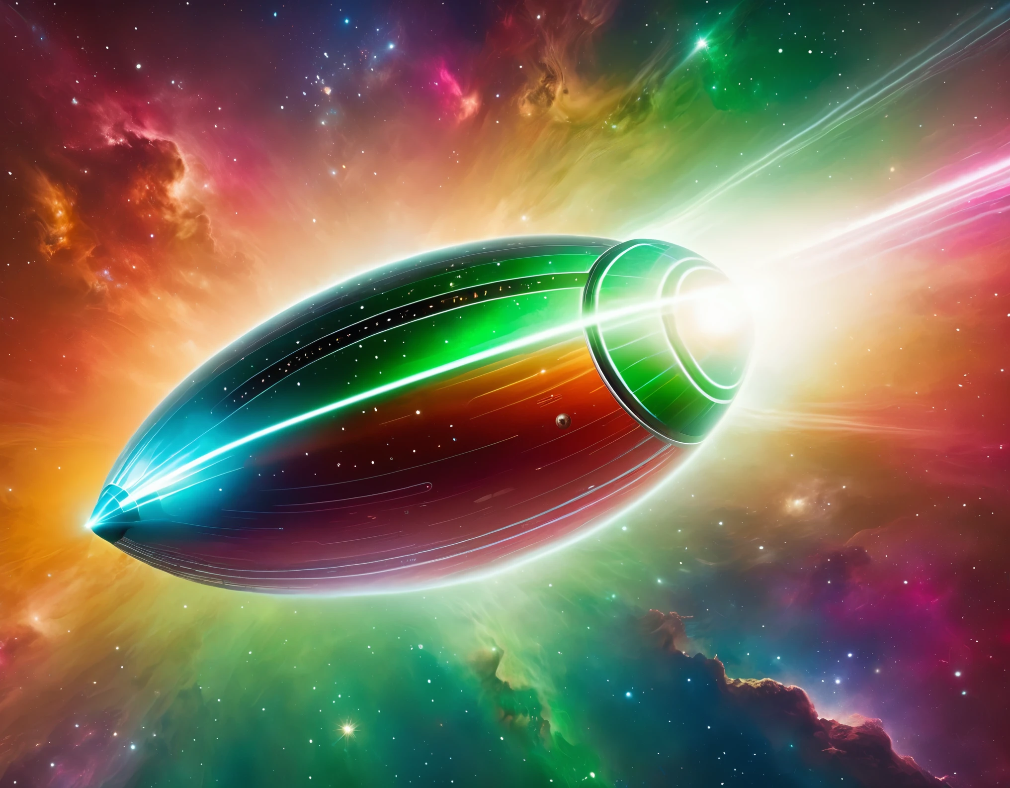 "A high-tech starship soaring through a colorful space background, featuring a gradient from green to red with scattered stars. The starship has a circular saucer section, an elongated body, and nacelles, with detailed metallic surfaces and bright accent lights."
