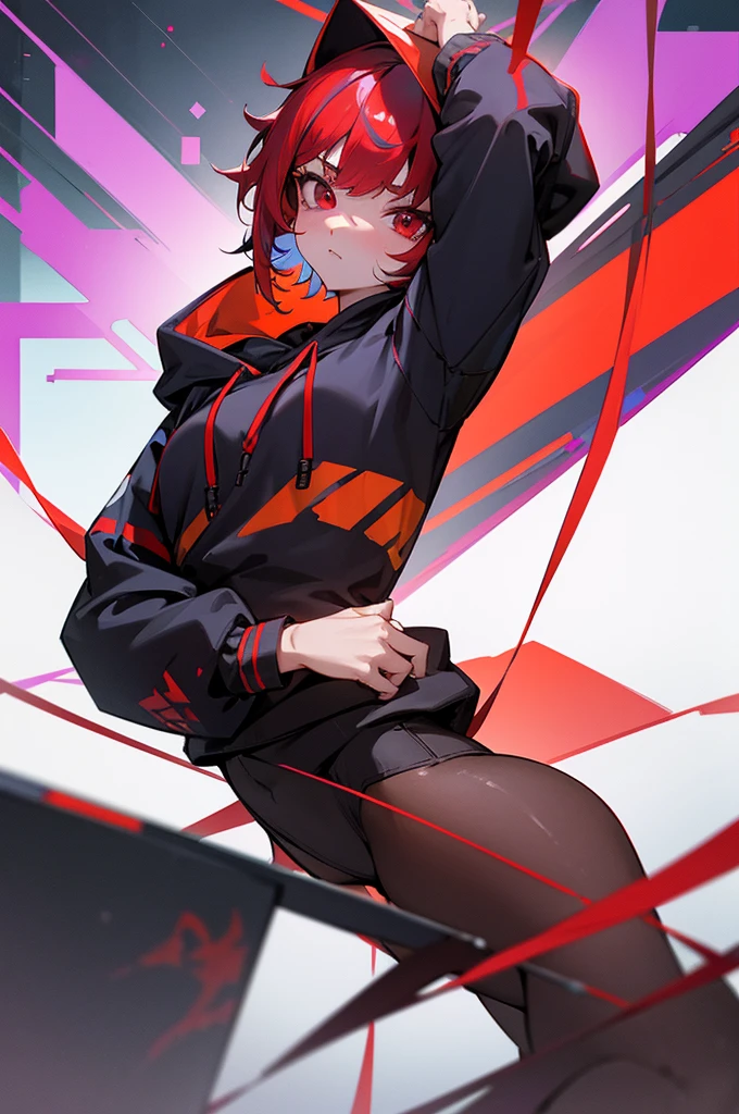 solo、Sateen、natta、multicolored hair、short-hair、Red eyes、Hanging、cyberpunked、Dabo Dabo hoodie、The upper part of the body、masterpiece、top-quality、tre anatomically correct、8K