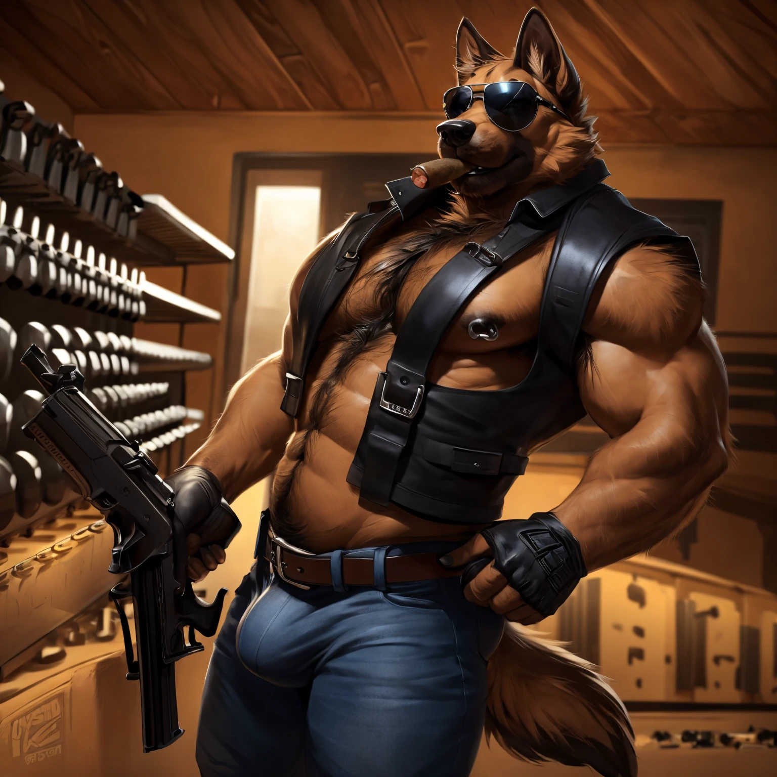 Solo, male, medium muscular, german shepherd, dog, biker, hairy chest, furry chest hair, shirtless, leather vest, blue jeans, leather chest harness, gun holster, gun, leather fingerless gloves, combat boots, boots, cigar, cigar in mouth, nipple piercing ((focus body, furry focus, shades focus, body shades)) nice body, standing, holding gun, holding a large caliber pistol, desert eagle, deagle, .50 handgun, aiming gun, armpit, armpit hair, bulge, nsfw, model, light, shades, 4k, high quality ((( gun range background, inside))), by darkgem, by mystikfox61
