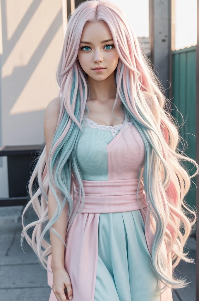 Anime Boku no hero academia beautiful woman, long wavy white hair with pastel pink and pastel blue highlights, green eyes Good physique and pronounced bust 