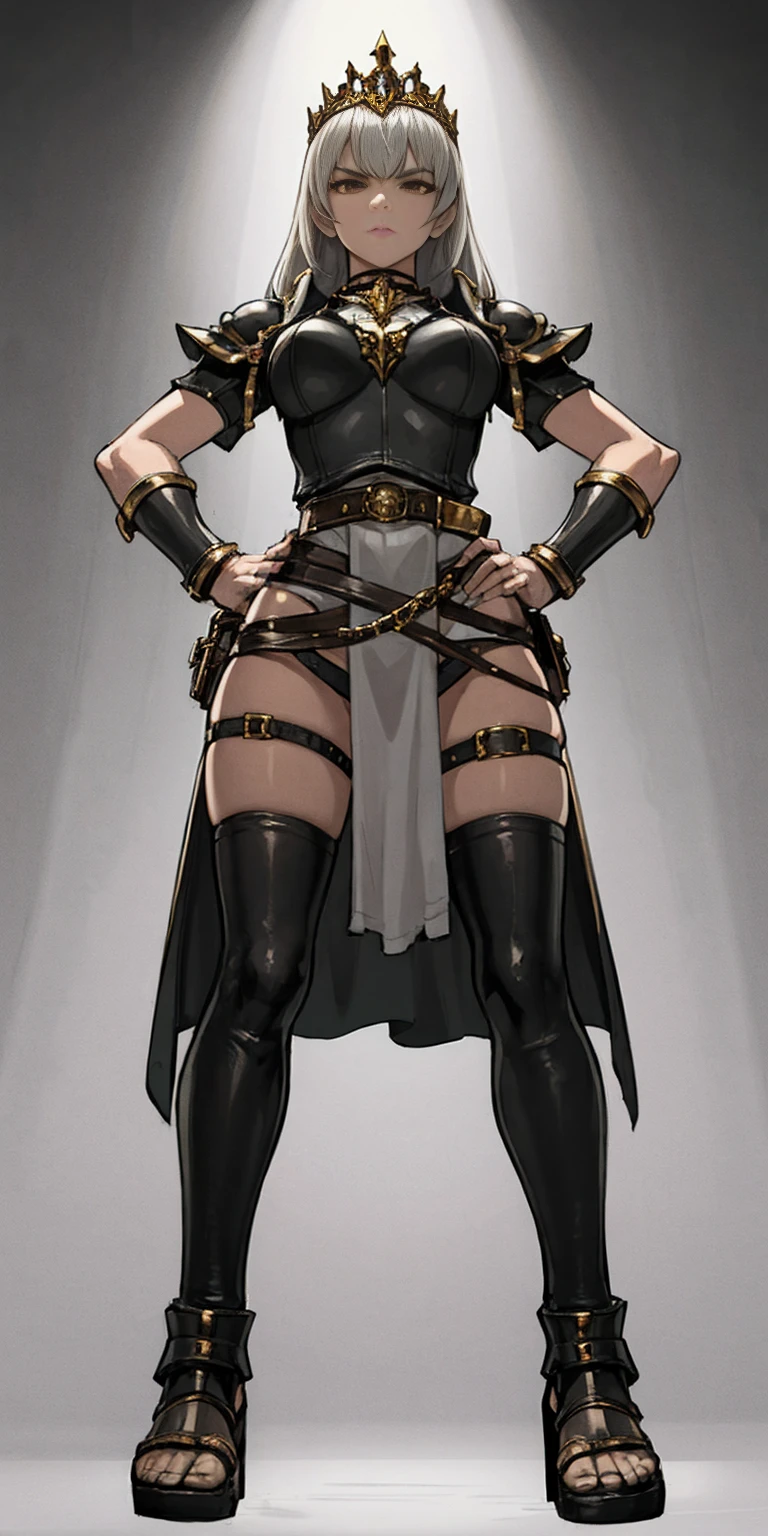 full body, whole body, 1solo (girl) slave fighter, loincloth standing, hands on hips full body, metal sandals, leather choker, big belt, view from below, feet together, bracers, tiara