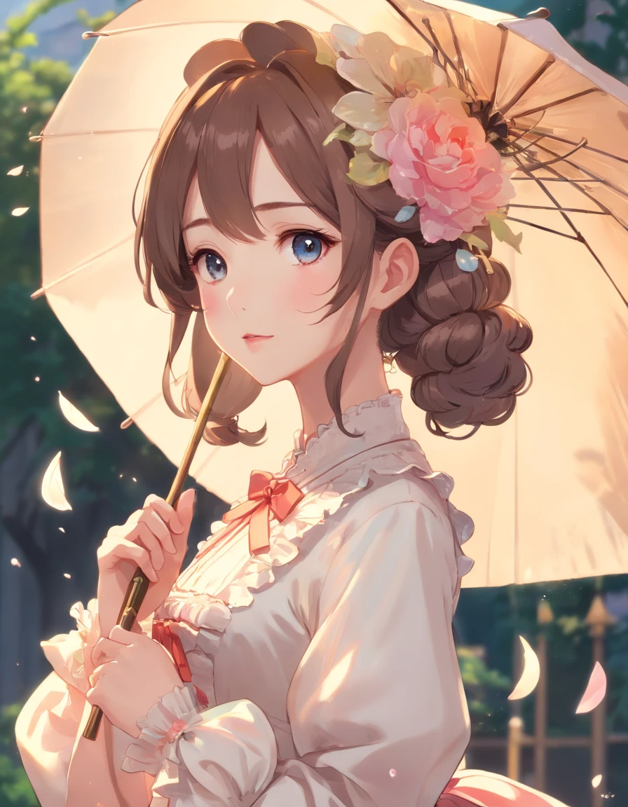 (Masterpiece), (best quality), illustration of Victorian Girl、kawaii girl、aniime、 1. **lo fashion**: Victorian fashion is characterized by dressy and elegant design。Ruffles and laces、corsets、Try incorporating elements such as long dresses。 2. **hairstyle on**: Women's hairstyles in the Victorian era are often complex and delicate。Upstyling and curling、It is also a good idea to add ribbons and floral ornaments to the hair.。 3. **Features**: girl features with soft features、Beautiful、kawaii、intelligent Beatty, Beautiful 5. **accessorized**: Accessories played an important role in the Victorian era。Hats、gloves、umbrellas, etc.、By drawing accessories with attention to detail、You can give your character personality。 Nice dress、florals、Luxurious costumes、PastelColors, (shining brightly), ((dazzling)), (floating a lot of flower petals, ((2D)), ((paper art))、(((グラマラス)))、ふっくら、(((ぽっちゃり)))、(((大きな胸)))