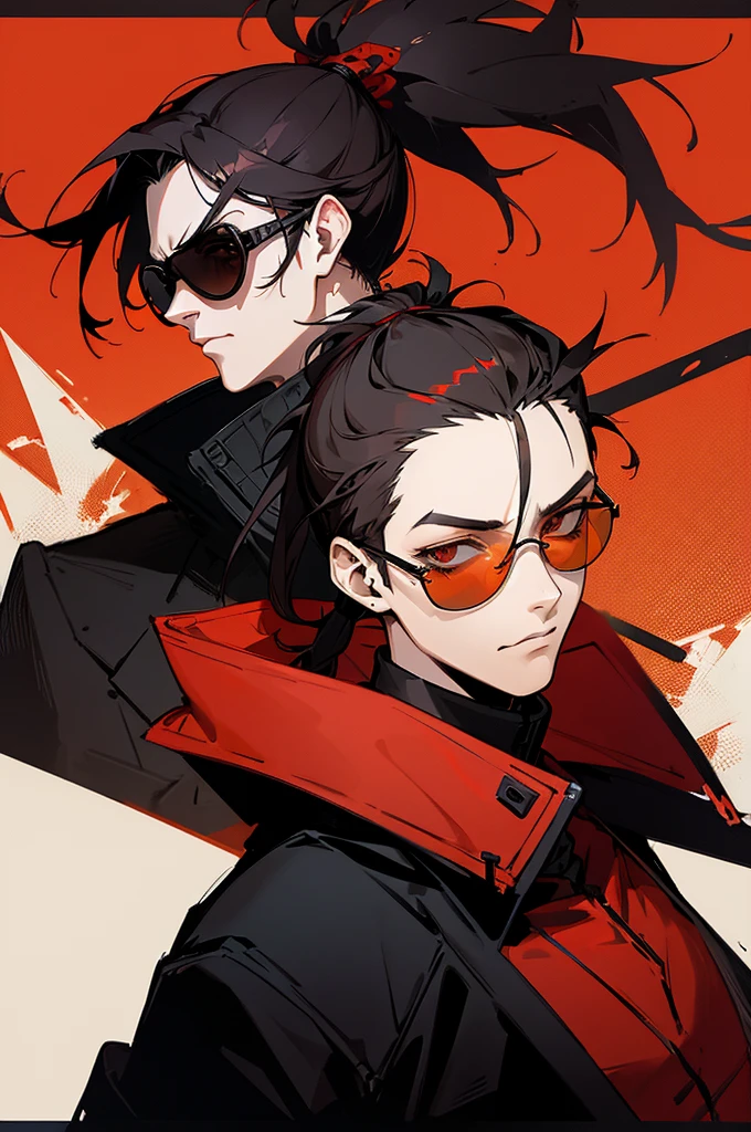 Cyberpunk, (((man))), black medium messy hair, red sun glasses, black jacket, cyborg, red katana, (((ponytail)))
