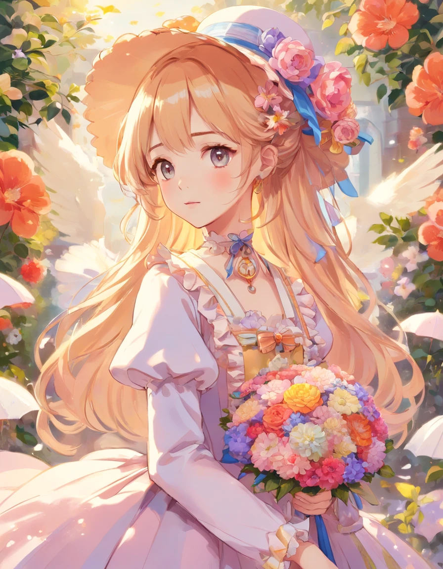 (Masterpiece), (best quality), illustration of Victorian Girl、kawaii girl、aniime、 1. **lo fashion**: Victorian fashion is characterized by dressy and elegant design。Ruffles and laces、corsets、Try incorporating elements such as long dresses。 2. **hairstyle on**: Women's hairstyles in the Victorian era are often complex and delicate。Upstyling and curling、It is also a good idea to add ribbons and floral ornaments to the hair.。 3. **Features**: girl features with soft features、Beautiful、kawaii、intelligent Beatty, Beautiful 5. **accessorized**: Accessories played an important role in the Victorian era。Hats、gloves、umbrellas, etc.、By drawing accessories with attention to detail、You can give your character personality。 Nice dress、florals、Luxurious costumes、PastelColors, (shining brightly), ((dazzling)), (floating a lot of flower petals, ((2D)), ((paper art))、(((グラマラス)))、ふっくら、(((ぽっちゃり)))、(((大きな胸)))
