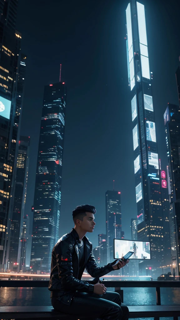 a highly productive boy, seductive figure, sitting on a bench, futuristic city park, 2050, holding holographic tablet, minimalist buildings, neon trees, focused expression, (best quality,4k,8k,highres,masterpiece:1.2),ultra-detailed,(realistic,photorealistic,photo-realistic:1.37),cinematic lighting,dramatic composition,digital art,concept art,sci-fi