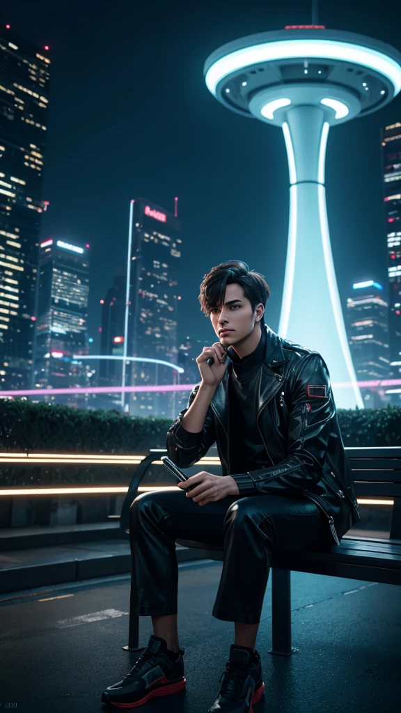 a highly productive boy, seductive figure, sitting on a bench, futuristic city park, 2050, holding holographic tablet, minimalist buildings, neon trees, focused expression, (best quality,4k,8k,highres,masterpiece:1.2),ultra-detailed,(realistic,photorealistic,photo-realistic:1.37),cinematic lighting,dramatic composition,digital art,concept art,sci-fi