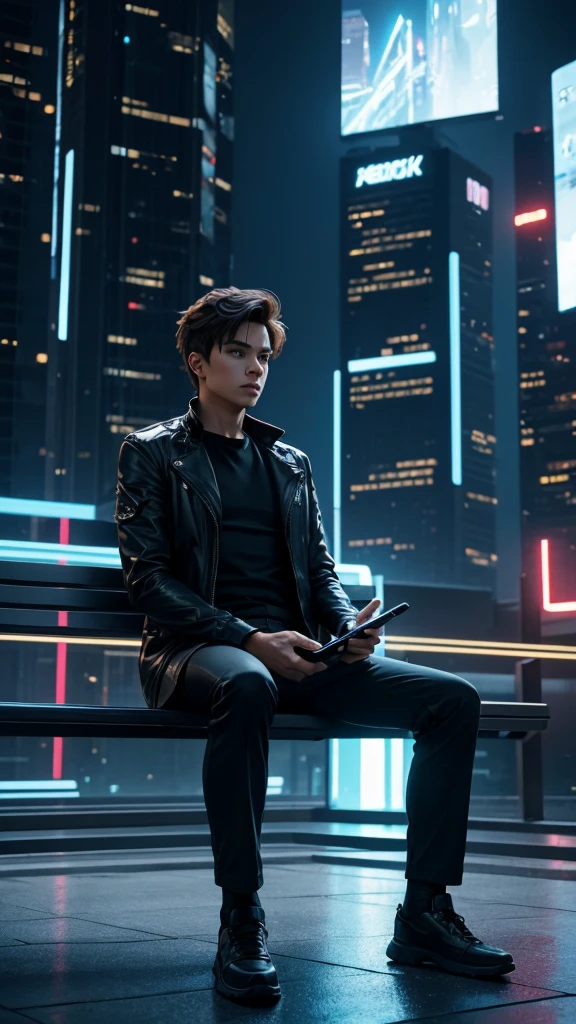 a highly productive boy, seductive figure, sitting on a bench, futuristic city park, 2050, holding holographic tablet, minimalist buildings, neon trees, focused expression, (best quality,4k,8k,highres,masterpiece:1.2),ultra-detailed,(realistic,photorealistic,photo-realistic:1.37),cinematic lighting,dramatic composition,digital art,concept art,sci-fi