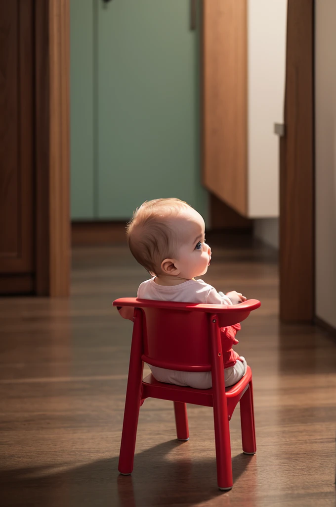 1 , sitting, standing backwards, background red 