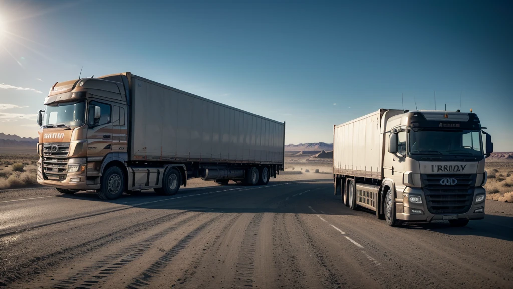 a large lorry on a desert road, dramatic lighting, detailed textures, photorealistic, 8k, hyperrealistic, natural environment, harsh sunlight, dramatic shadows, minimal background, weathered truck, dusty tires, reflective chrome, intricate details, masterpiece, ultra-detailed, vibrant colors, cinematic composition, precise lighting and shading