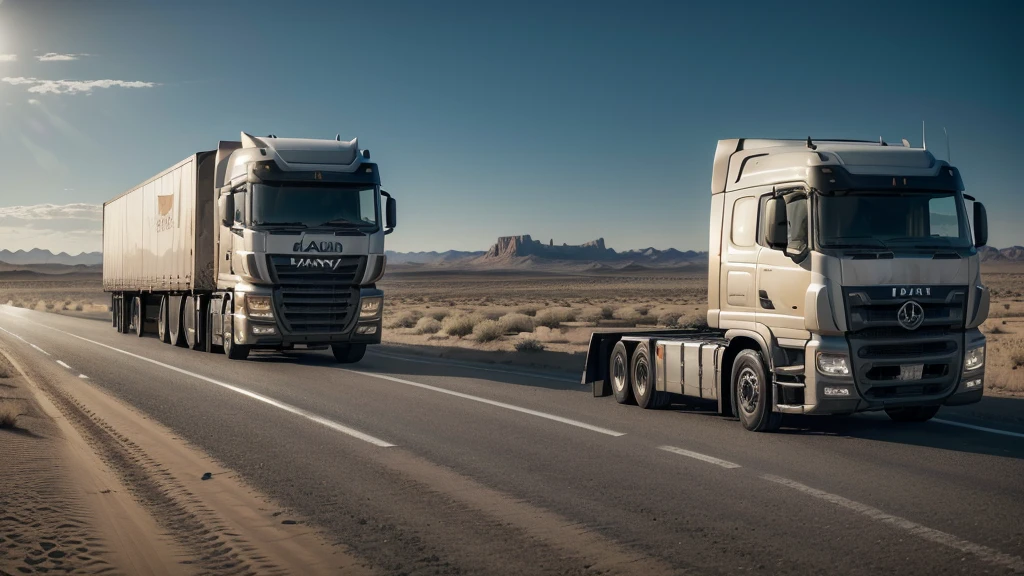a large lorry on a desert road, dramatic lighting, detailed textures, photorealistic, 8k, hyperrealistic, natural environment, harsh sunlight, dramatic shadows, minimal background, weathered truck, dusty tires, reflective chrome, intricate details, masterpiece, ultra-detailed, vibrant colors, cinematic composition, precise lighting and shading