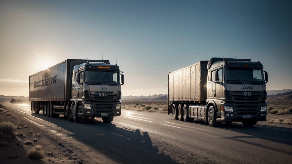 a large lorry on a desert road, dramatic lighting, detailed textures, photorealistic, 8k, hyperrealistic, natural environment, harsh sunlight, dramatic shadows, minimal background, weathered truck, dusty tires, reflective chrome, intricate details, masterpiece, ultra-detailed, vibrant colors, cinematic composition, precise lighting and shading